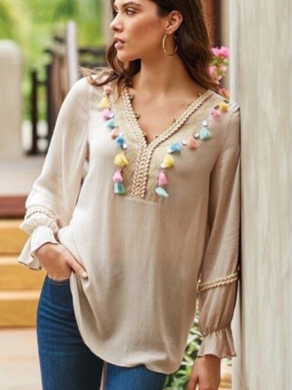 Soft Surroundings Clementine Tassel Braided Rope Tunic Western
